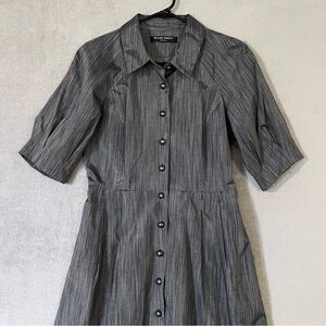 Ellen Tracy Dress Button Front Gray Womens Petite 8 Puff Sleeves Fully Lined